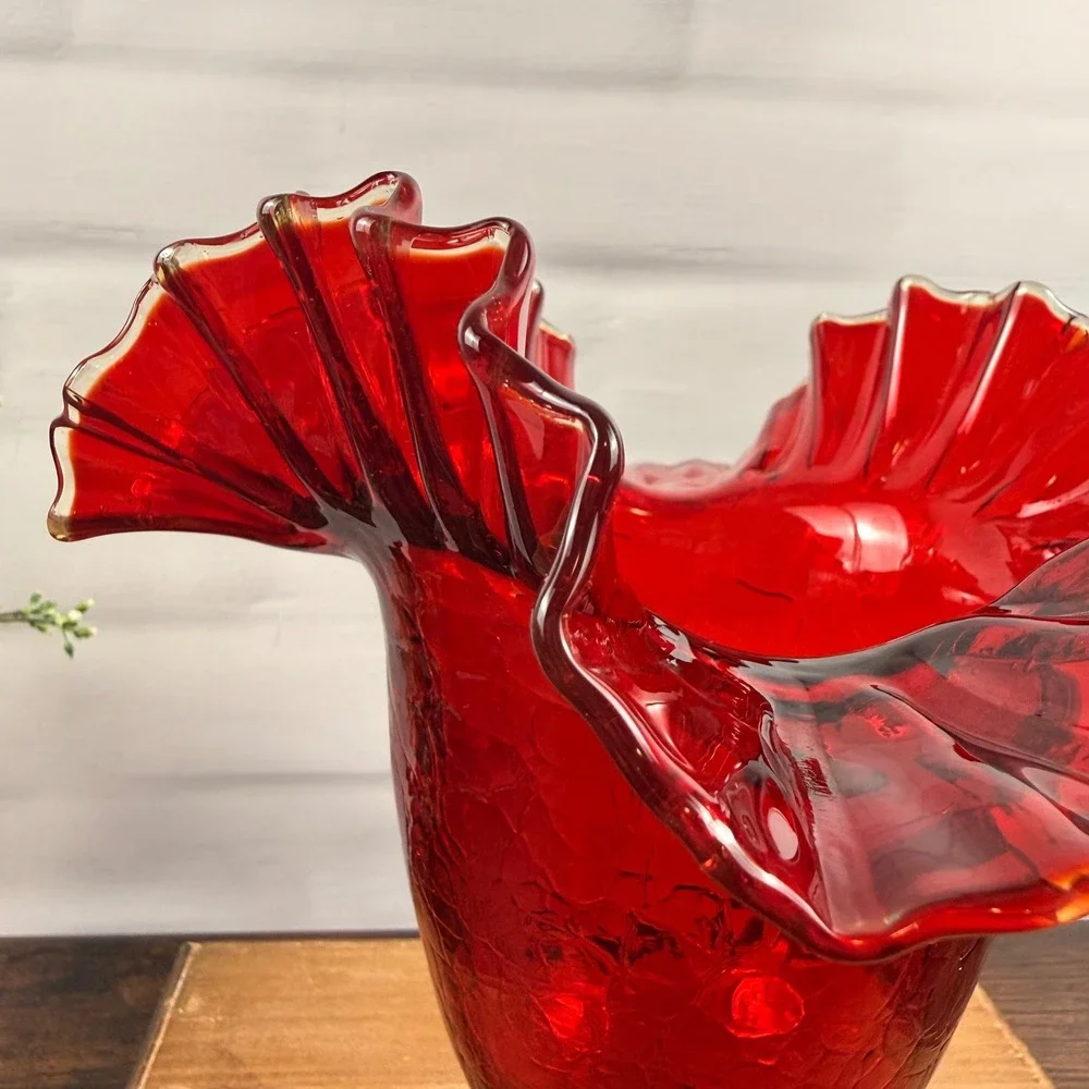 Blenko 388 Tangerine Crackle Glass Ruffled Vase Mid Century